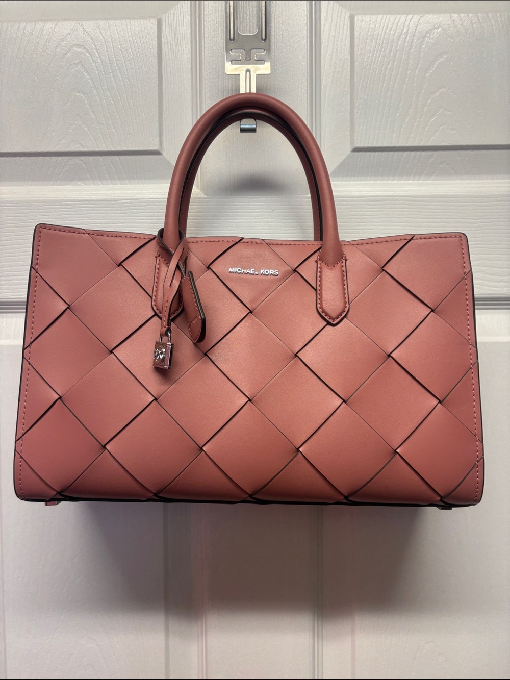 Michael Kors Scarlett Medium Woven Leather Satchel Rose Long Strap Silver Detail
